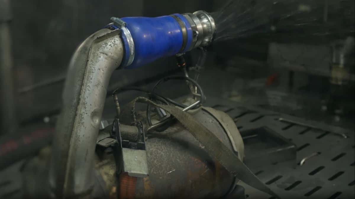 A diesel particulate filter being cleaned off the vehicle